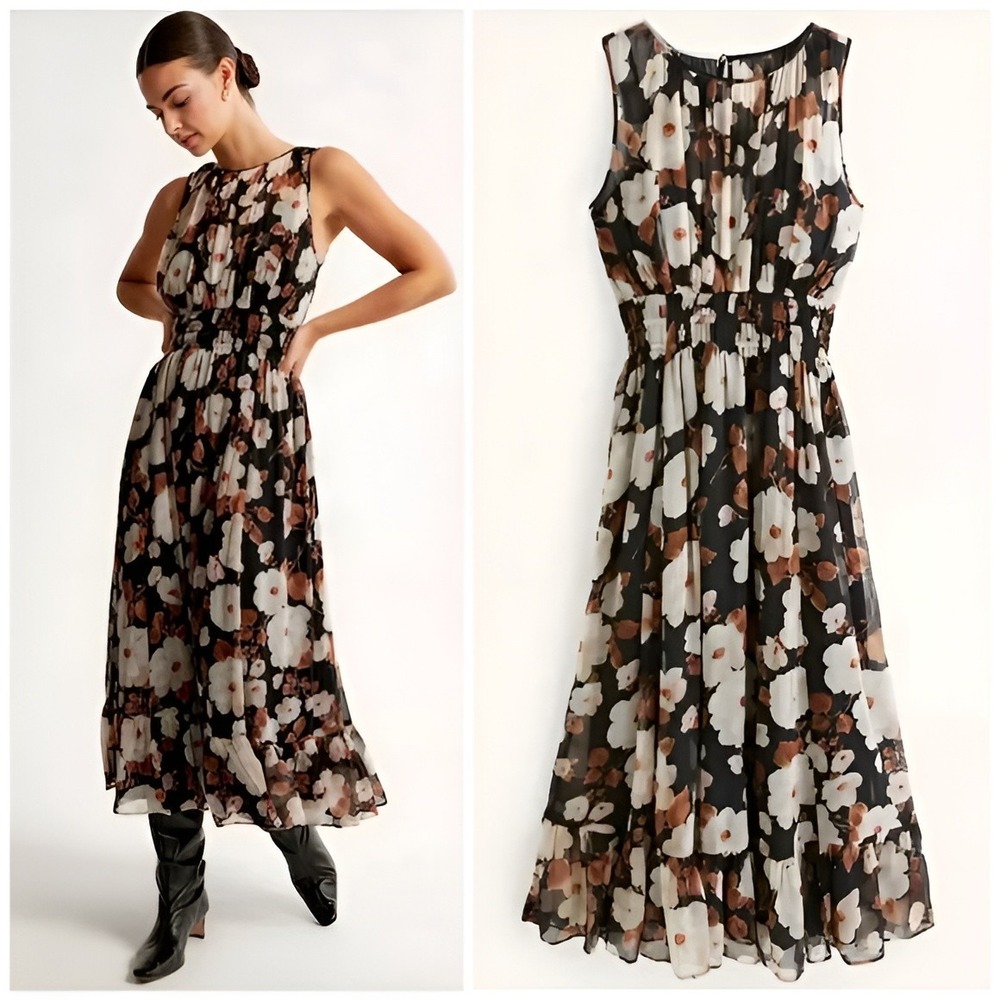 Abercrombie & Fitch Black Floral Easy High-Neck Midi Dress